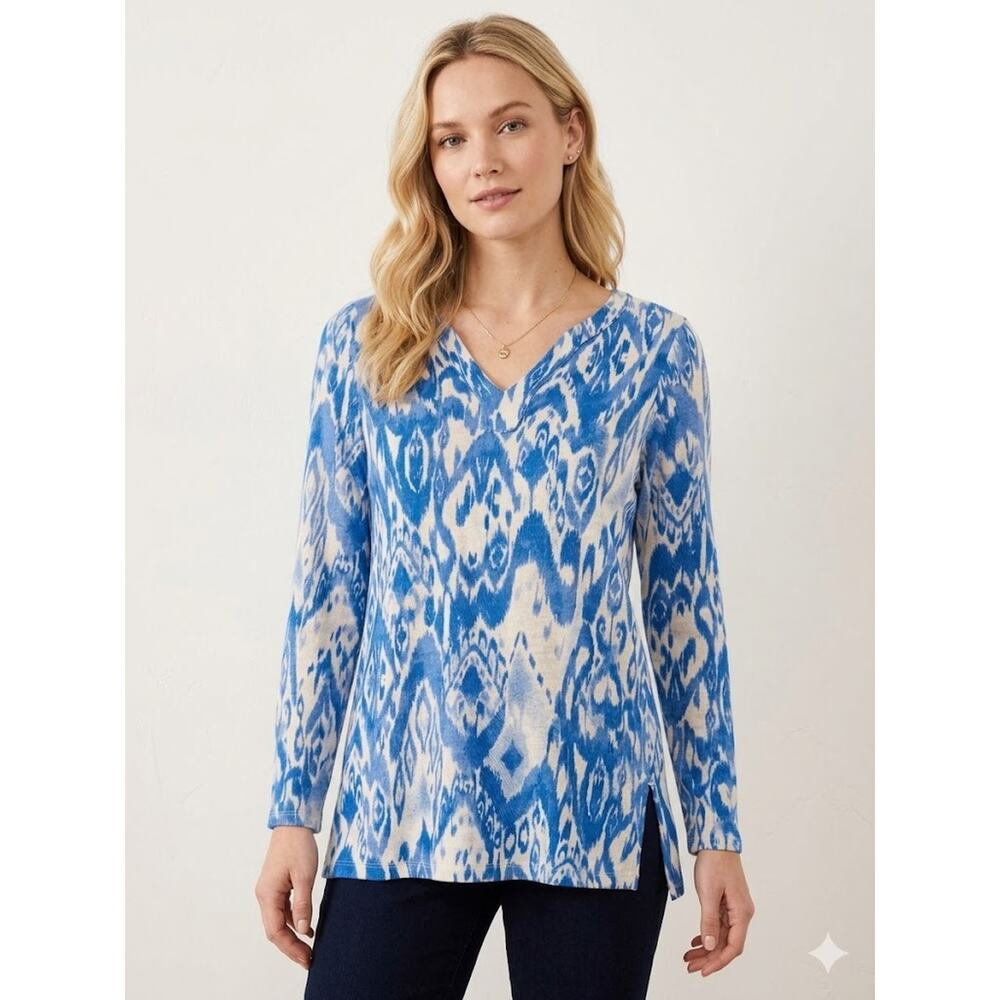 Chico’s Linen Tunic Top Size 0 (Small) Blue White Ikat Print Lightweight Resort